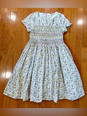 Bonpoint Girls 12a Duchesse Dress Floral Smocked Embroidered Cotton Short Sleeve